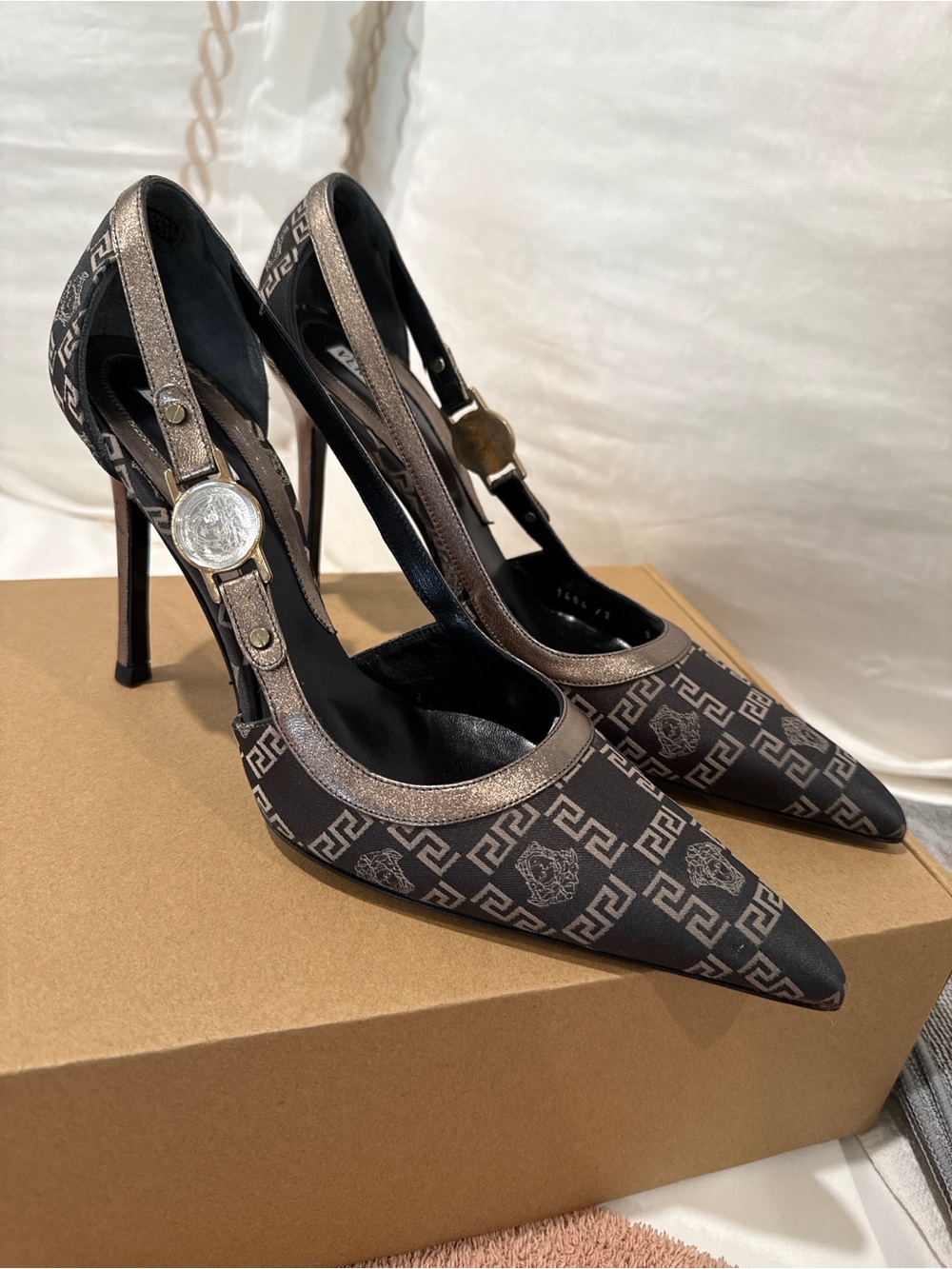 Versace Black and Bronze Medusa Monogram Slingback Heels